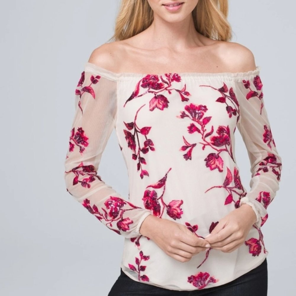 WHBM Pink Floral Sequin Off-the-shoulder Top S
